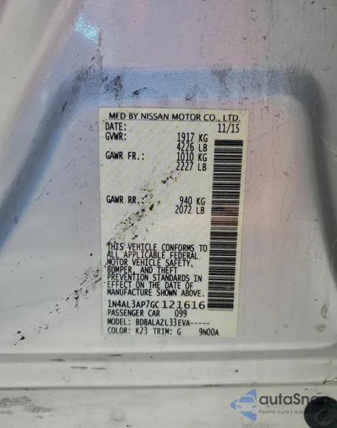 2016 Nissan Altima 2.5 из США, поврежденный, VIN 1N4AL3AP7GC121616